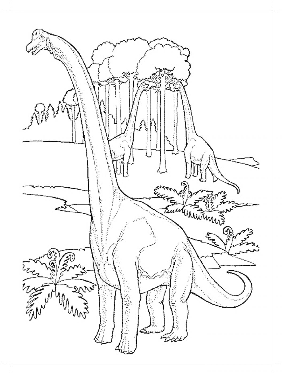 Длинношеие динозавры на фоне леса с папоротниками