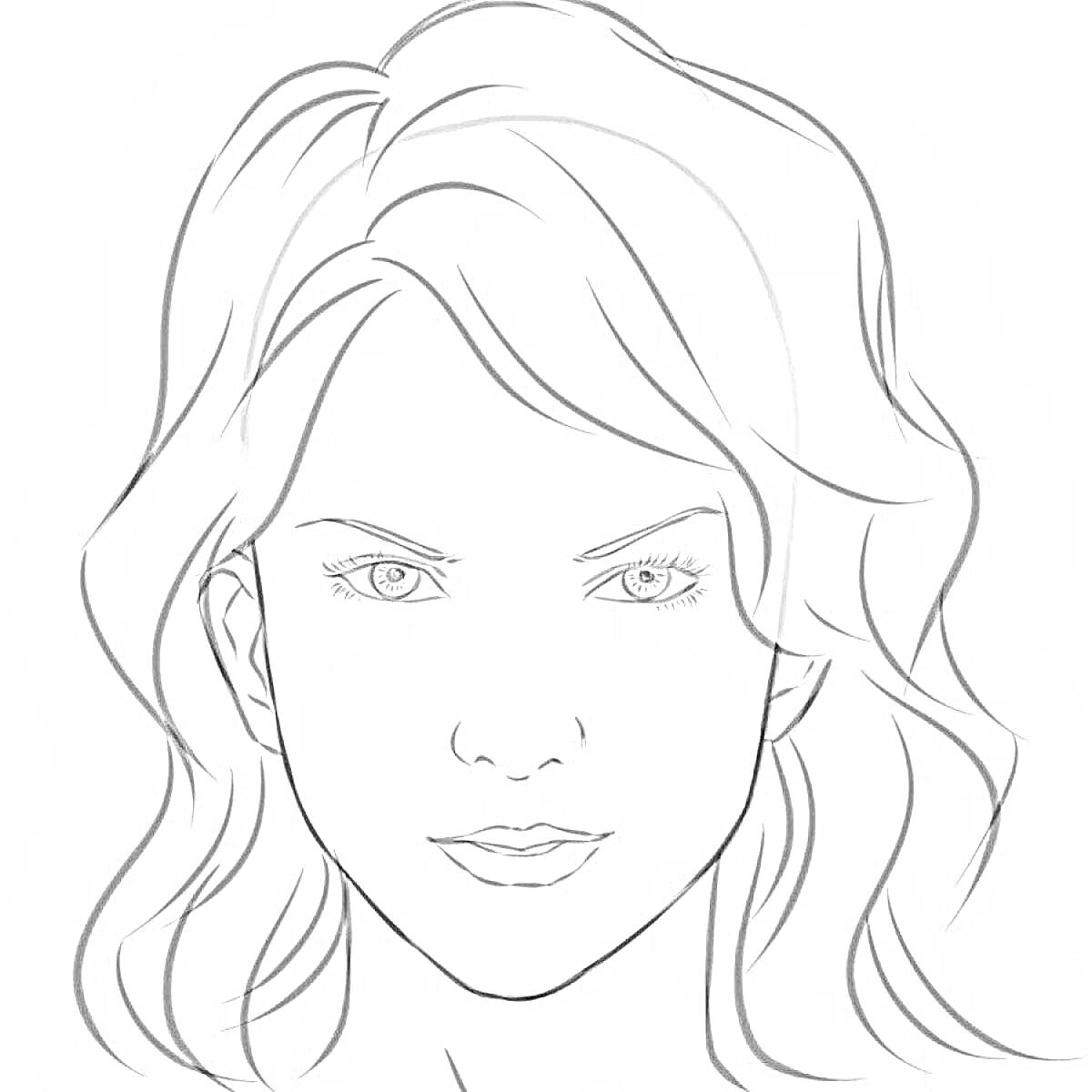 Раскраска Лицо молодой женщины с волнистыми волосами и выраженным взглядом