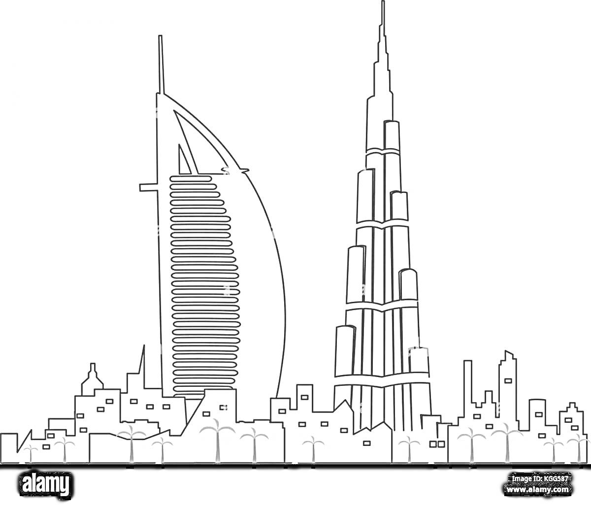 Раскраска Раскраска с изображением Бурдж Халифа, паруса отеля Бурдж аль-Араб и городской линии горизонта