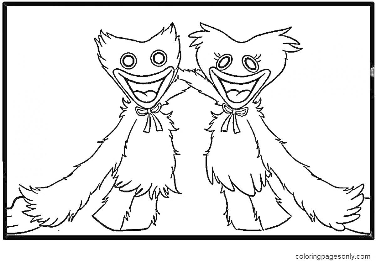 Раскраска Два персонажа Хагги Вагги с длинными ногами, стоящие рядом и обнимающиеся