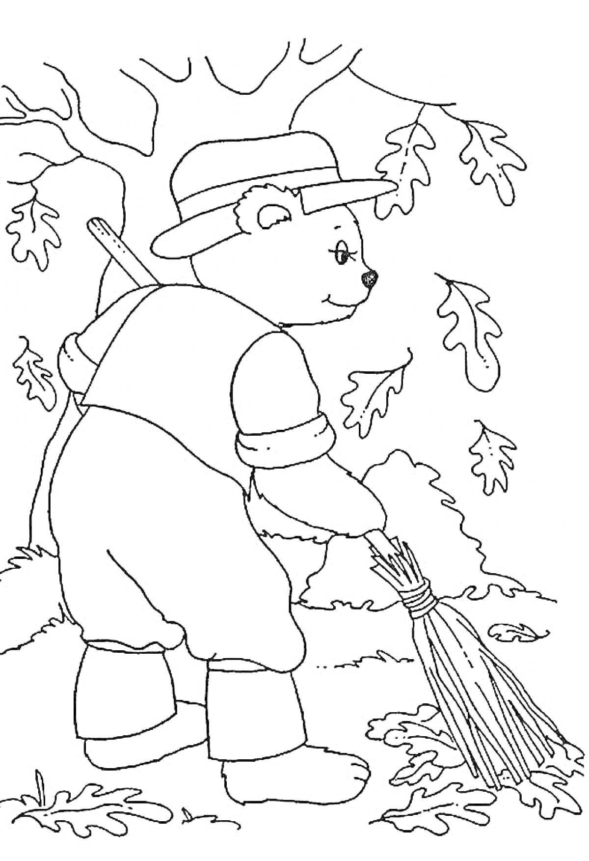 Медвежонок в шляпе убирает листву под деревом