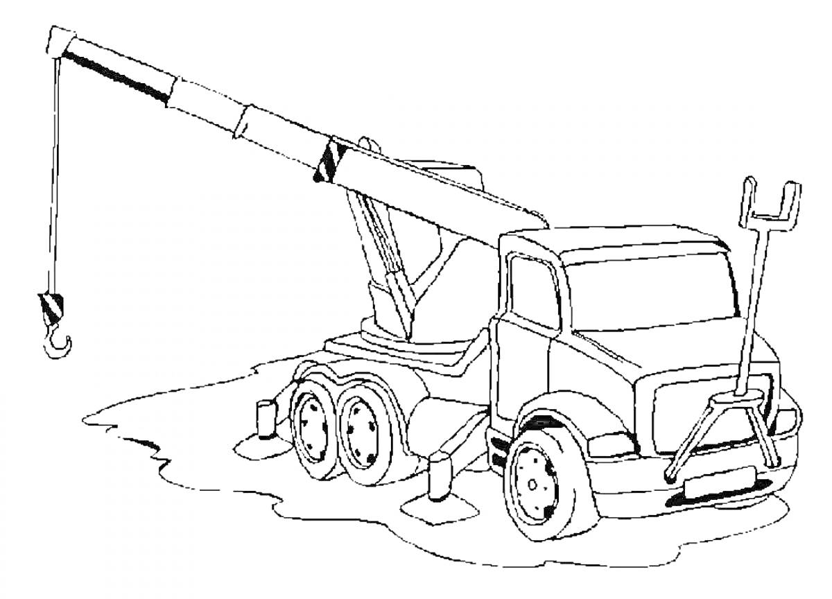 Раскраска Грузовик с краном, состоящий из кабины, колес, выдвижной стрелы и крюка