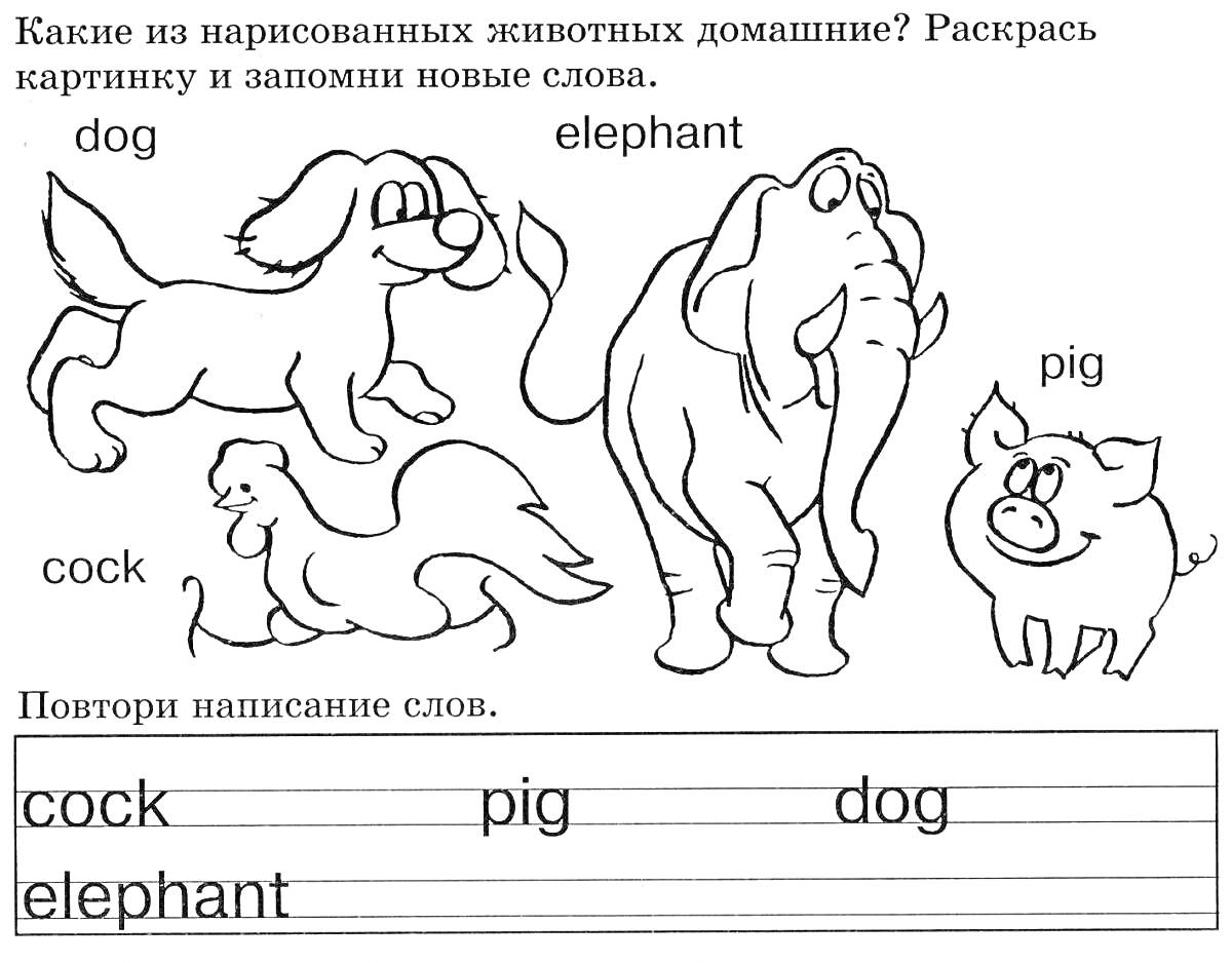 Раскраска Изображение собаки, слона, петуха и свиньи с заданиями на английском языке для 2 класса
