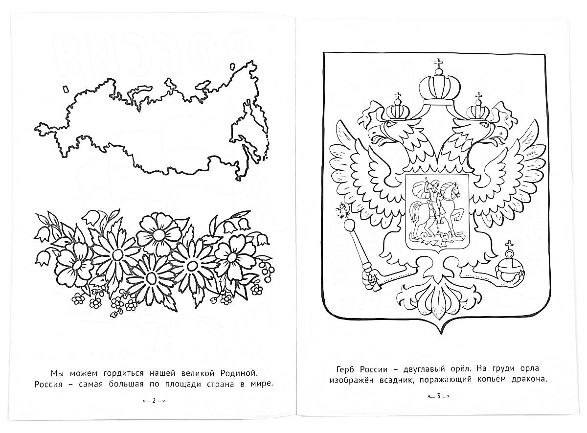 На раскраске изображено: Цветы, Герб России, Двуглавый орел, Символы России, Государственные символы