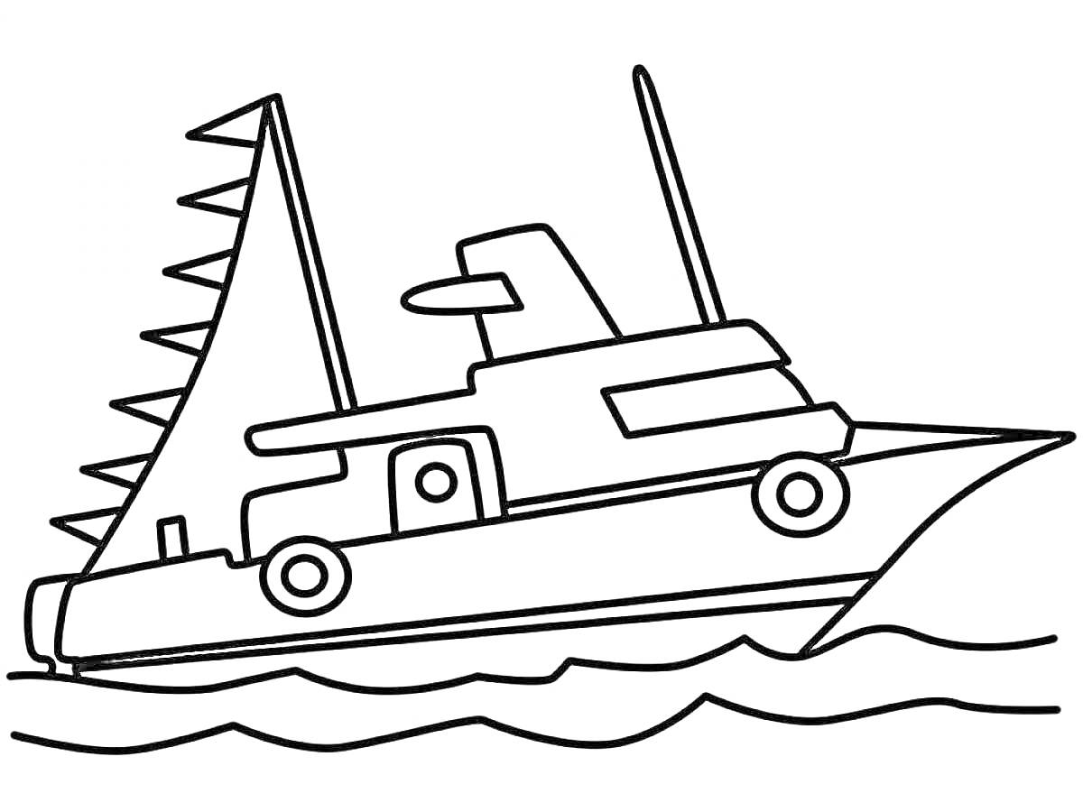 Раскраска Корабль в море с волнами и флагами на мачте