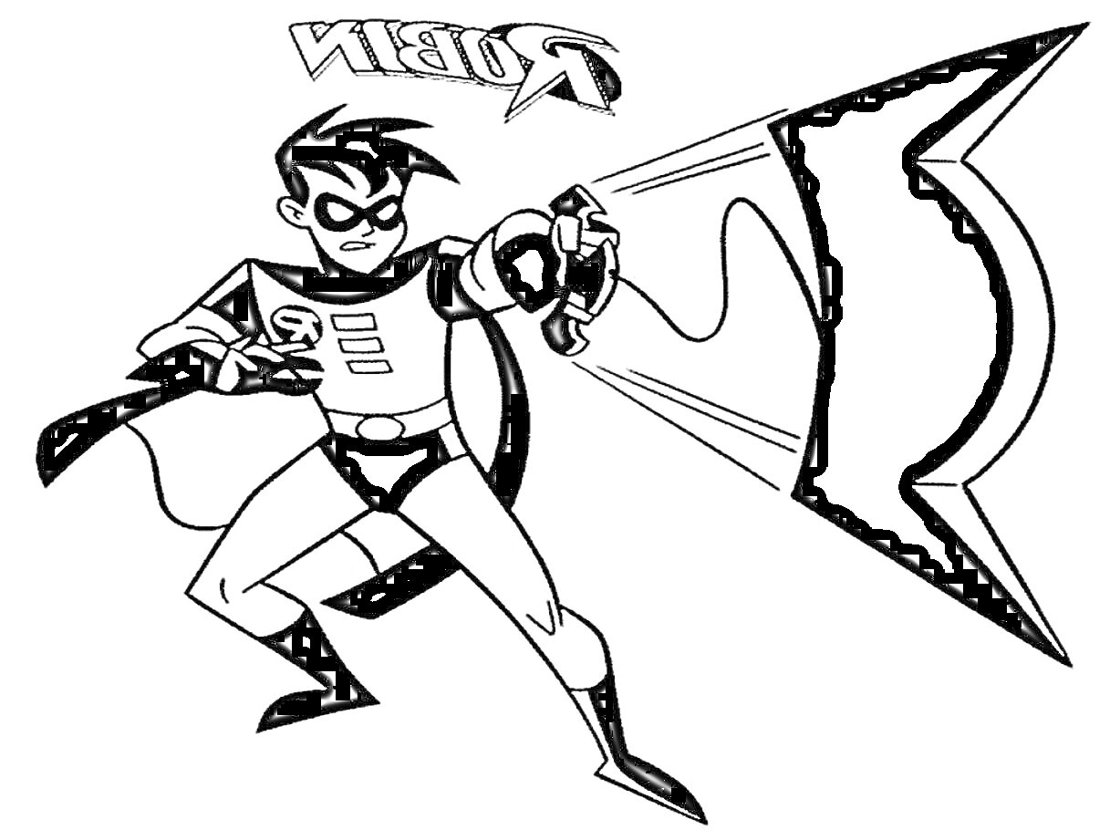 Раскраска Робин с оружием в маске и плаще, текст 