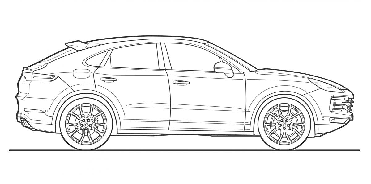 Porsche Cayenne, вид сбоку, линийный рисунок, автомобиль с пятью дверями, спортивные диски