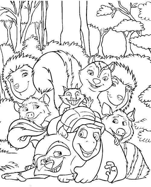 Раскраска Лесные животные на фоне деревьев - енот, черепаха, енот-полоскун, кошка, еж, барсук, лиса