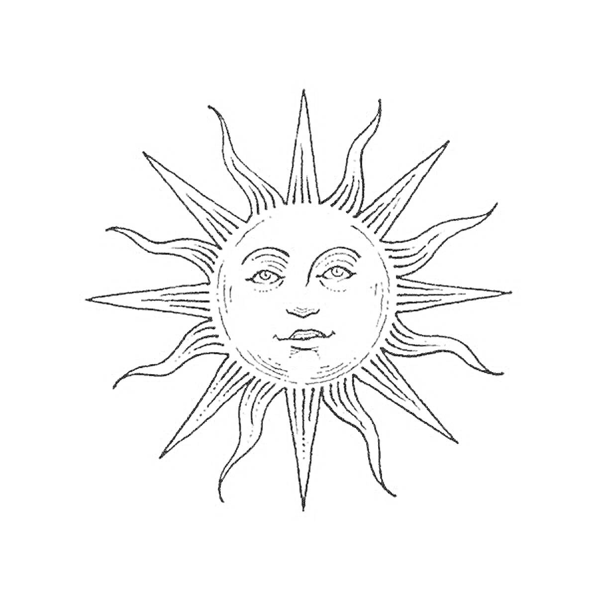 На раскраске изображено: Солнце, Лучи, Лицо, Бог солнца, Мифические существа