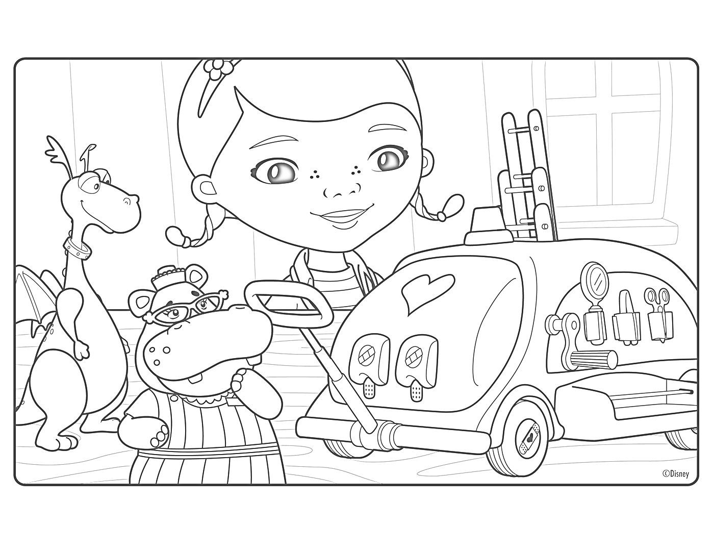 Раскраска Доктор Плюшева со своими друзьями и машиной скорой помощи