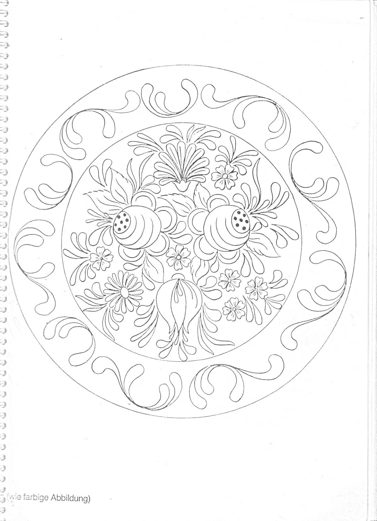 На раскраске изображено: Гжель, Тарелка, Цветы, Листья, Узоры