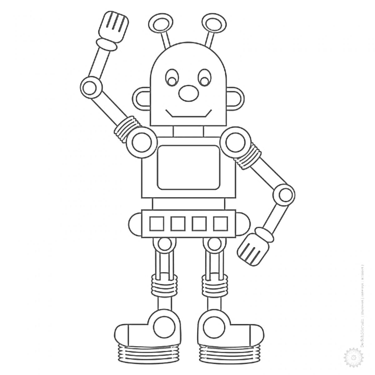 Раскраска Робот с антеннами, поднимающий руку, с квадратной головой, цилиндрическими ногами и ботинками