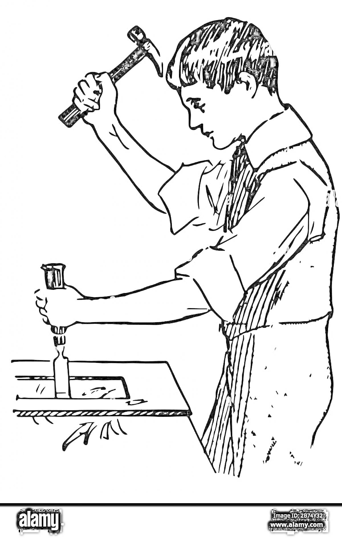 Раскраска Плотник, работающий с молотком и долотом над деталью на рабочем столе