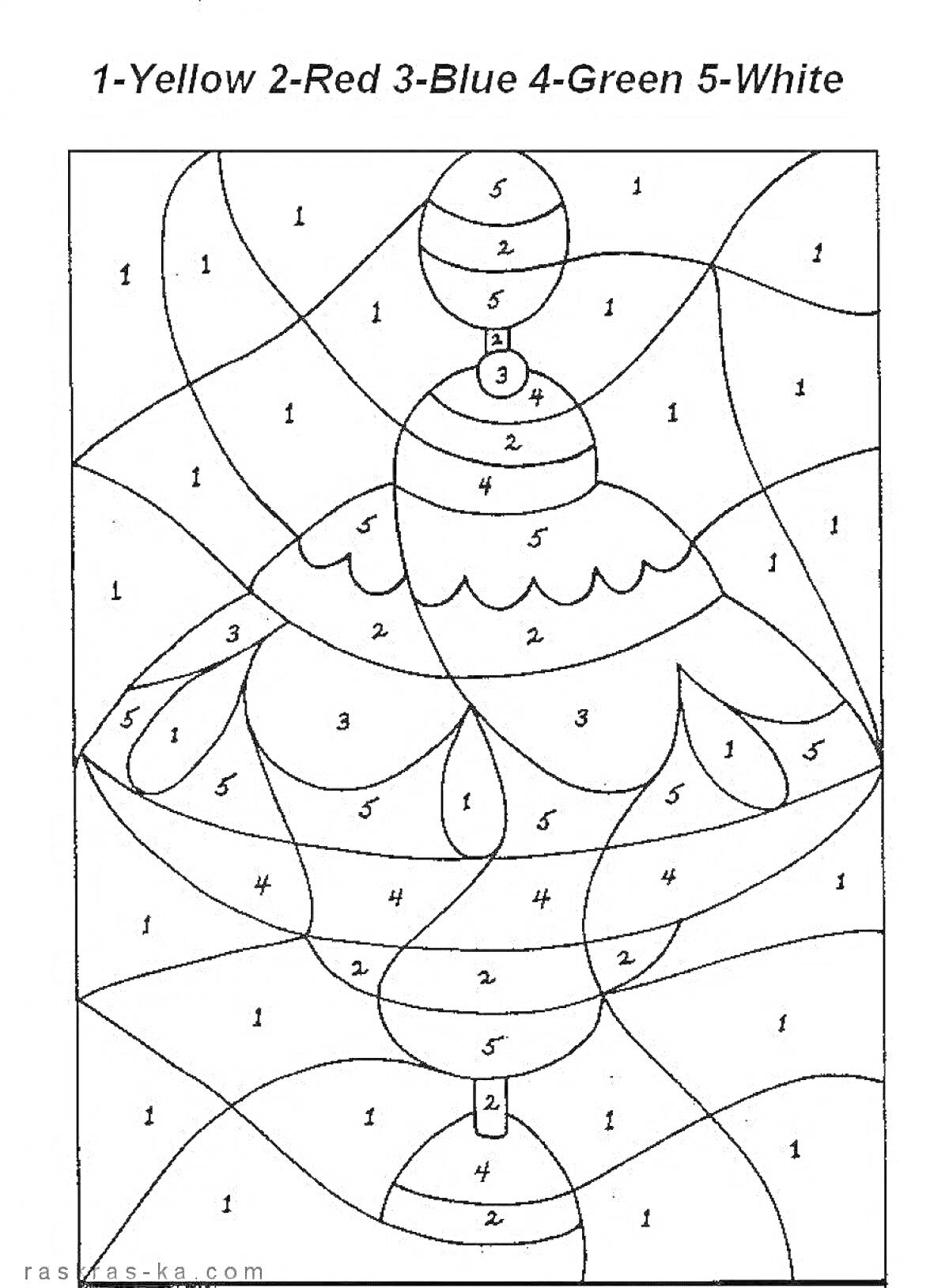 Раскраска Елочные украшения: шарики и колокольчики. Раскраска по цифрам.