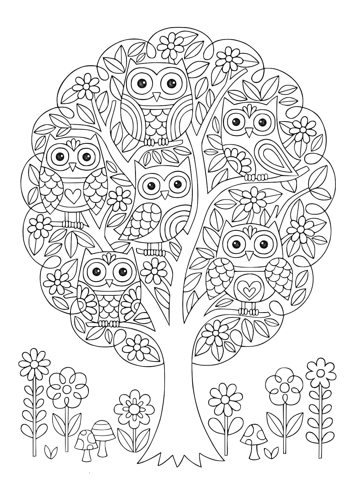 Раскраска Дерево с совами, цветами и грибами