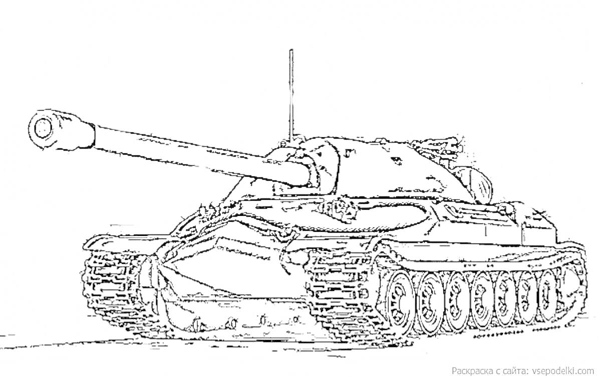 Раскраска танк ИС 7 с крупнокалиберной пушкой, бронированной башней и гусеницами, вид сбоку
