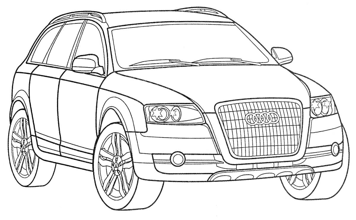 Раскраска Машина Ауди с четырьмя колёсами, двумя фарами, радиаторной решёткой с логотипом, зеркалами заднего вида и передним бампером