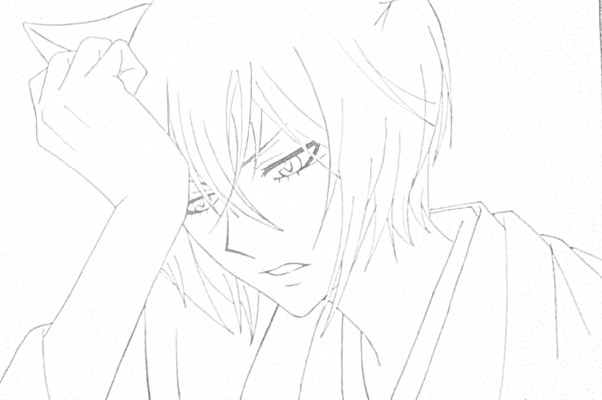 Грустный томоэ с кошачьими ушами, в кимоно, опирающийся на руку