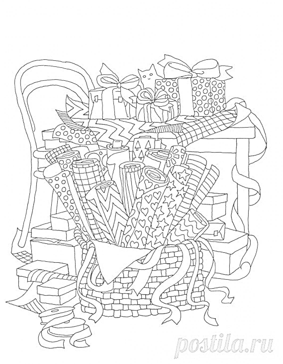 Раскраска Корзина с оберточной бумагой и подарочными коробками