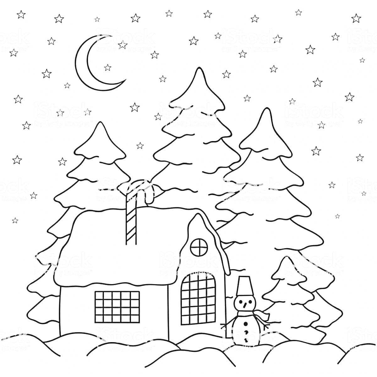 Раскраска Домик в лесу с елками, снеговиком, месяцем и звездами