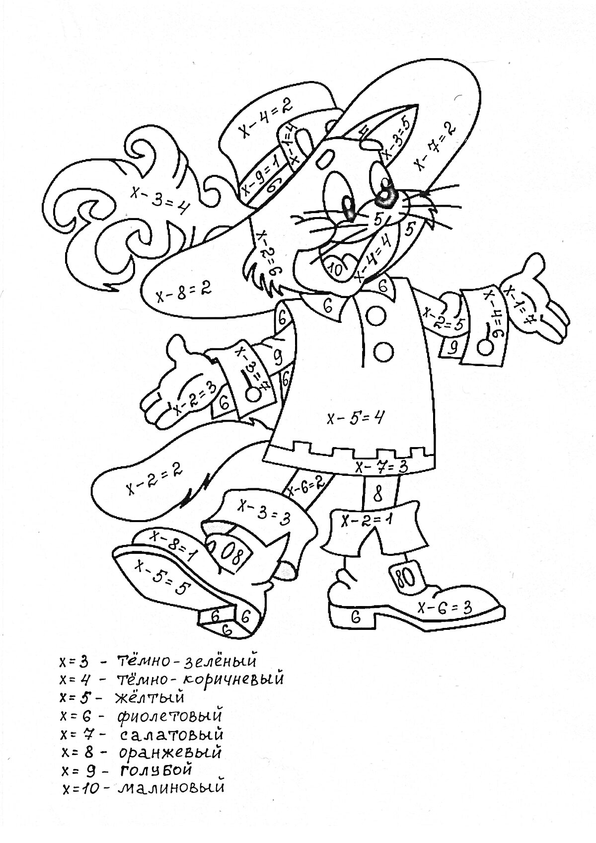 Раскраска Кот в шляпе и ботинках, раскраска с уравнениями