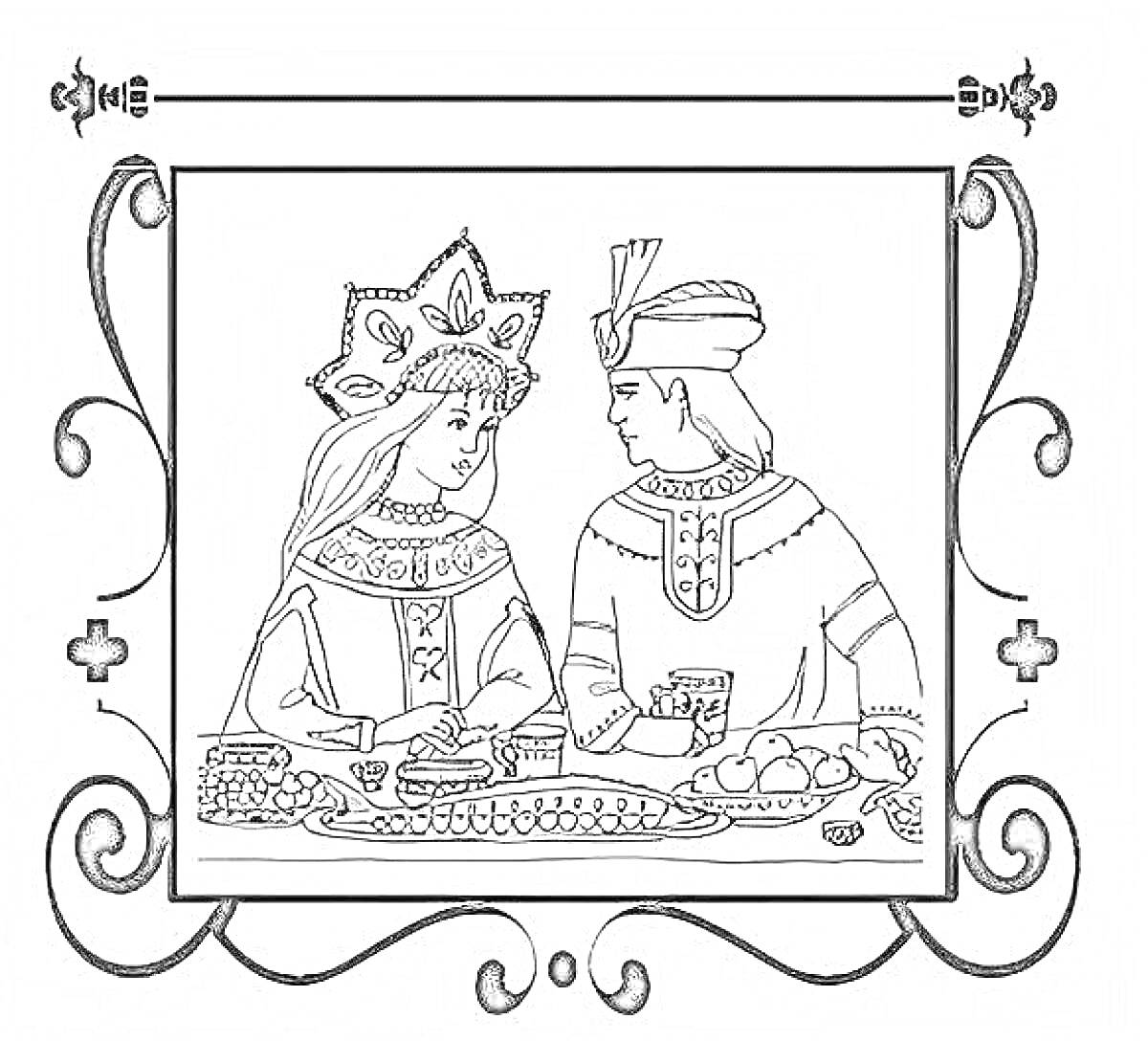 На раскраске изображено: Пир, Теремные палаты, Традиционные наряды, Мужчина, Женщина, Еда, Средневековье