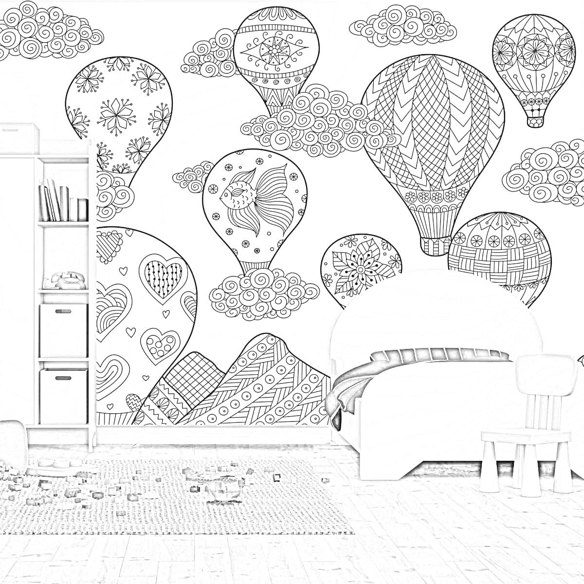 На раскраске изображено: Обои, Воздушные шары, Облака, Горы, Мебель, Стул, Книжный шкаф, Настроение, Декорирование
