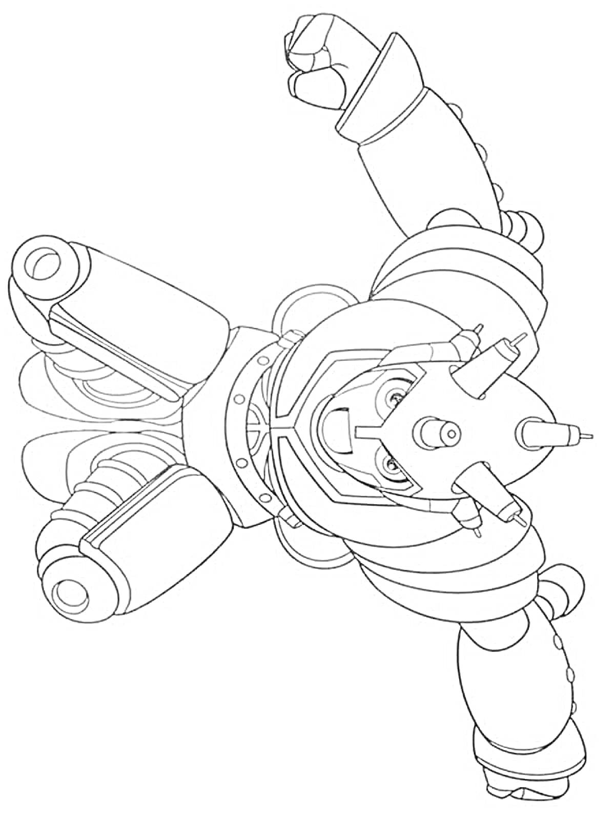 Раскраска Астробой в боевом костюме, летящий вперёд с поднятым кулаком