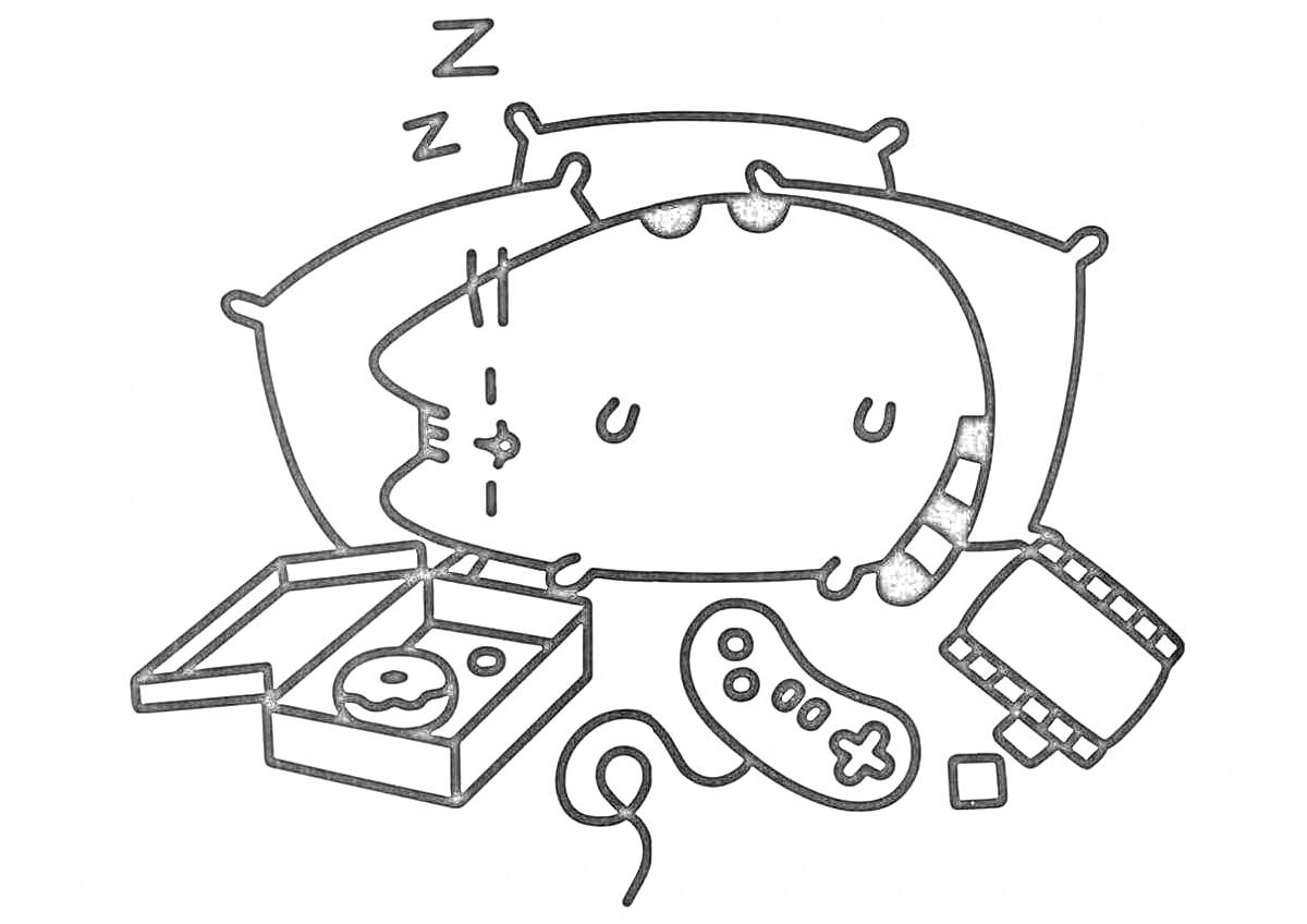 Раскраска Пушин спит на подушках, пицца, джойстик, видеокассета.