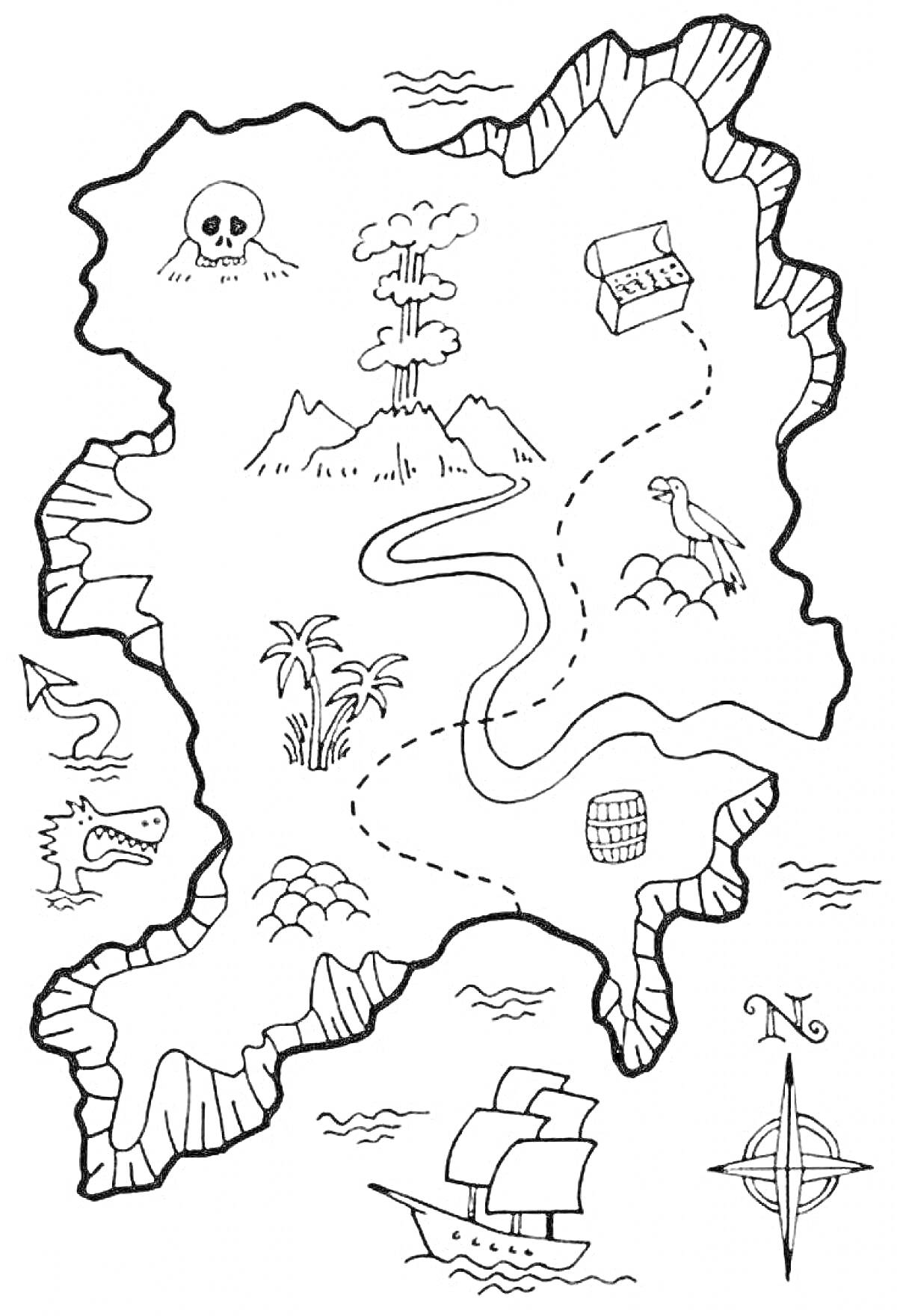 Раскраска Пиратская карта сокровищ с островом, сундуком, черепом, пальмами, компасом, бочкой, вулканом, горами, пиратским кораблем, драконом, морем, рекой и дорогой.