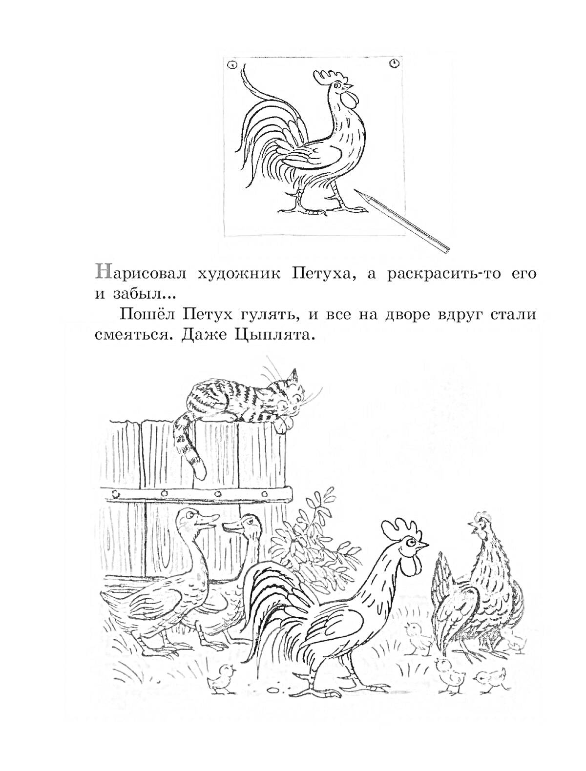 На раскраске изображено: Петух, Кот, Гусыня, Утка, Цыплята, Цветы, Забор, Сутеев