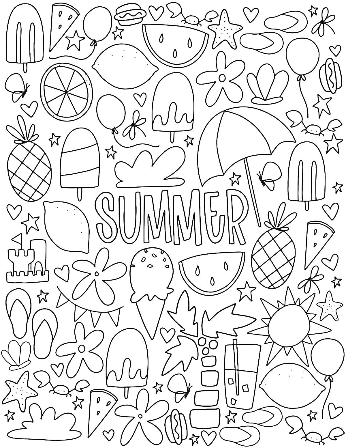 Раскраска Летние рисунки - арбуз, ананас, мороженое, снежинка, звезды, сердечки, ракушки, листочки, зонтик, шлёпанцы, солнце, воздушные шары, замок из песка, напиток, надпись Summer