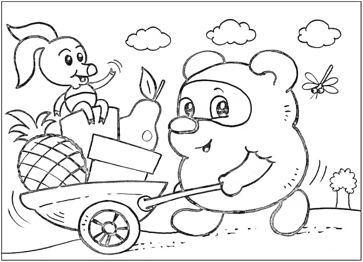 Раскраска Медвежонок везет тележку с зайчонком, фруктами и подарками в солнечный день