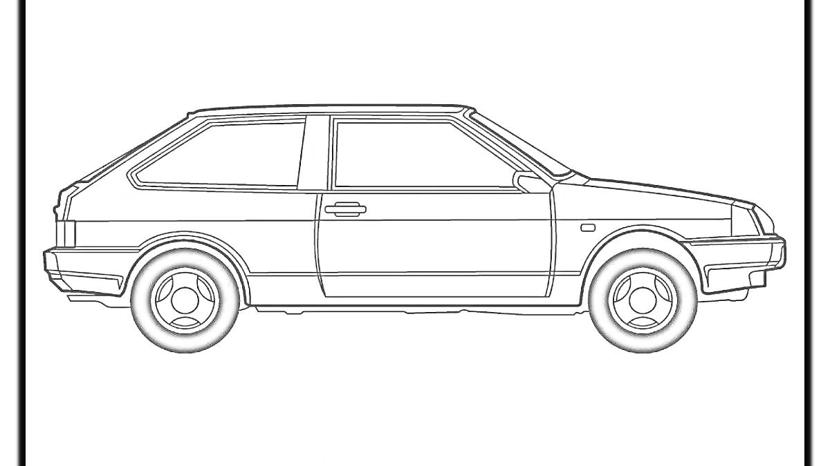 Раскраска Раскраска с вид с боковины ВАЗ 2109, включая кузов, боковые стекла, двери, колеса, шины, фары и бампер.