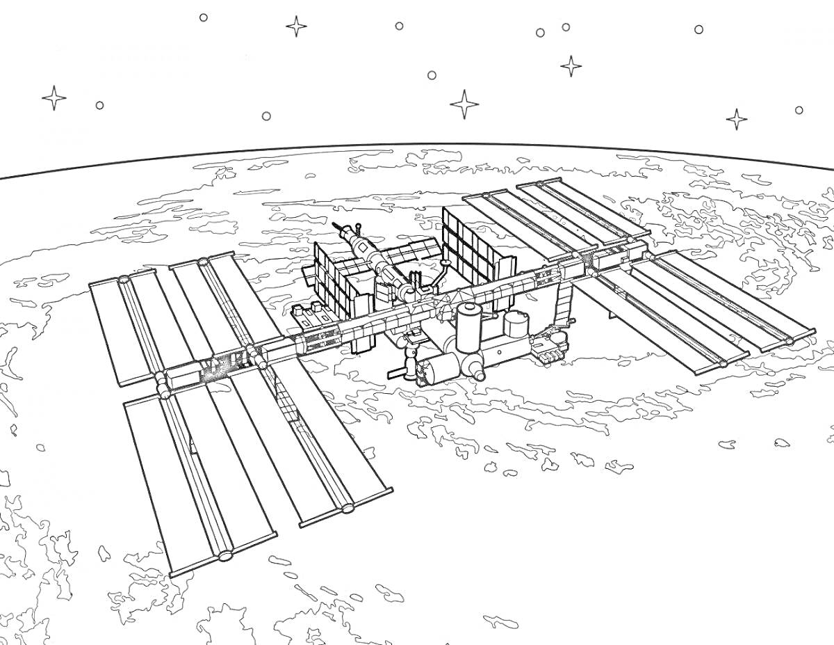 Раскраска Международная космическая станция в космосе над Землёй со звездами