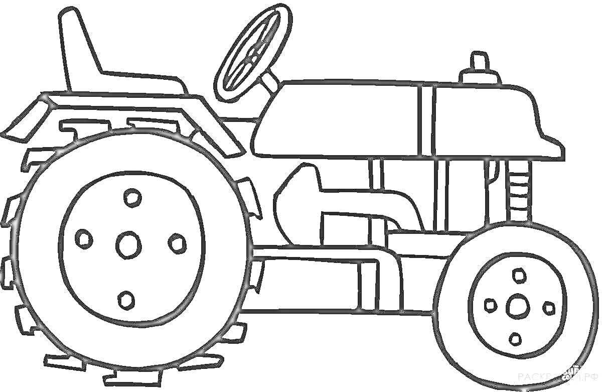 Раскраска Трактор с большими задними и небольшими передними колесами, рулевым колесом и сиденьем для водителя