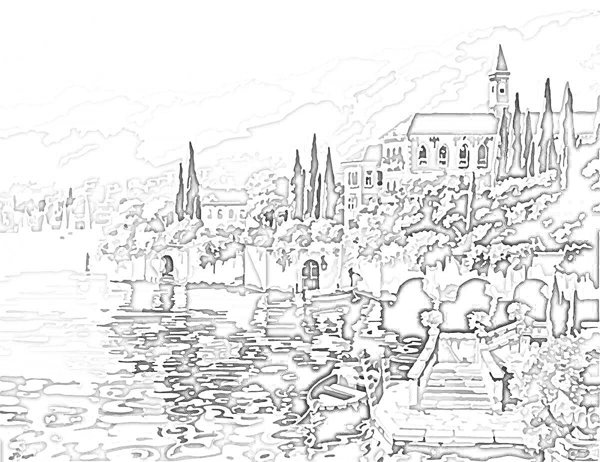 На раскраске изображено: Пейзаж, Море, Лестница, Лодка, Дом, Деревья, Горы, Архитектура, Природа