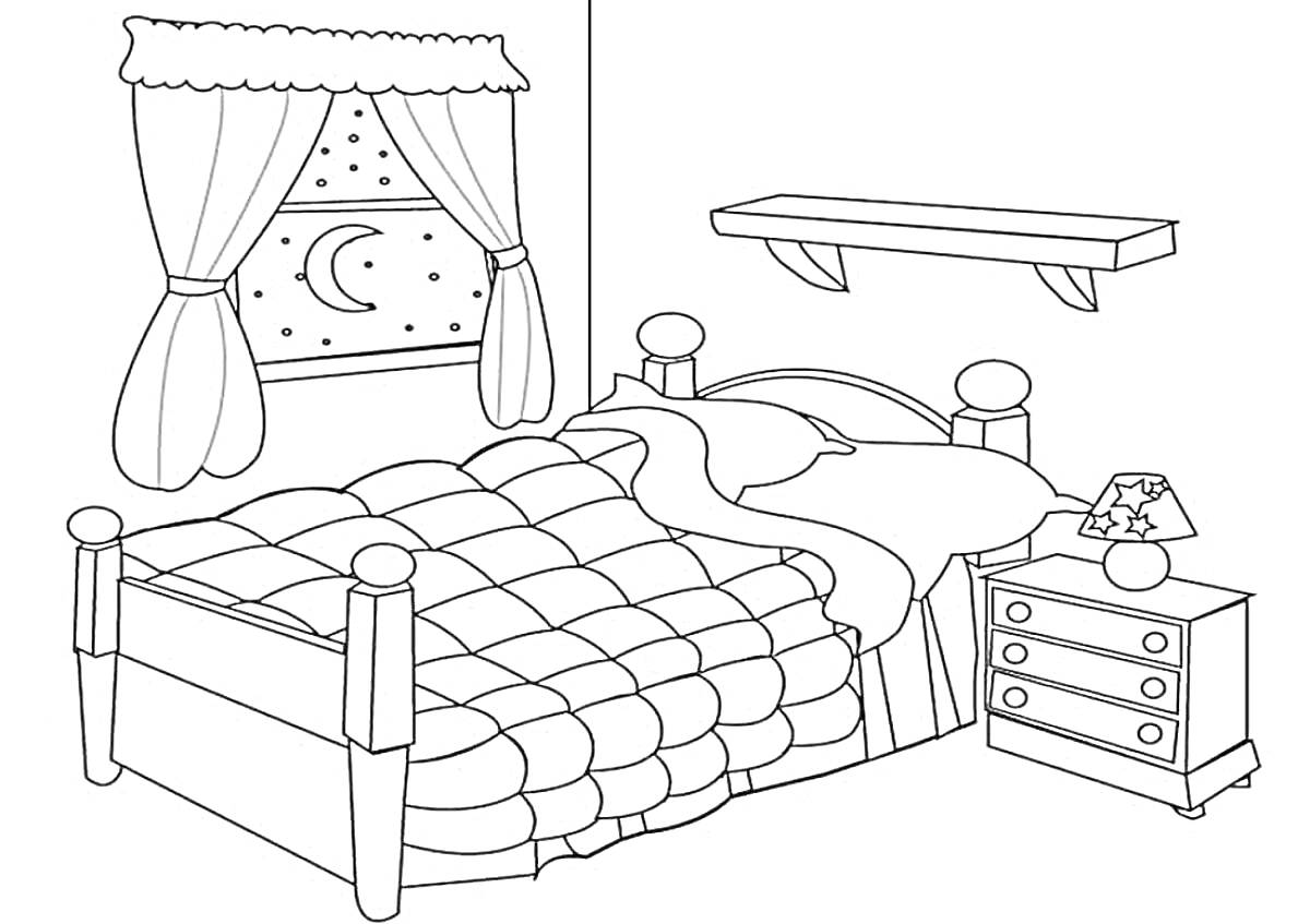 Раскраска Комната с кроватью, окном, полкой и тумбочкой с лампой