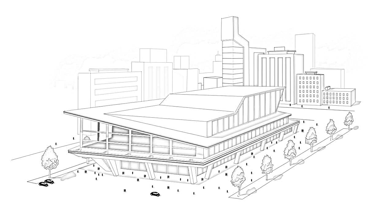 Раскраска Здание технопарка с высокими зданиями на заднем плане, деревьями и автомобилями