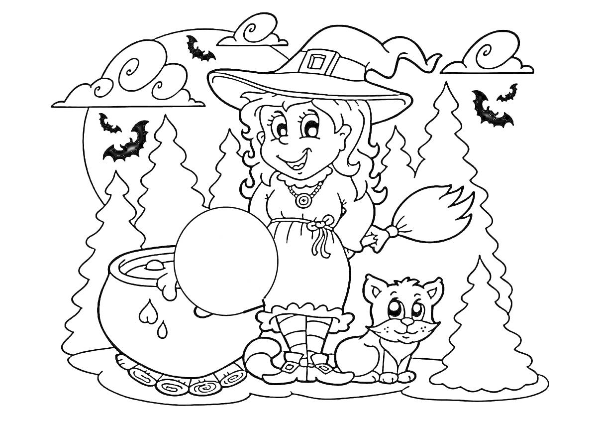 На раскраске изображено: Хэллоуин, Ведьма, Котел, Метла, Лес, Летучая мышь, Кот, Праздники