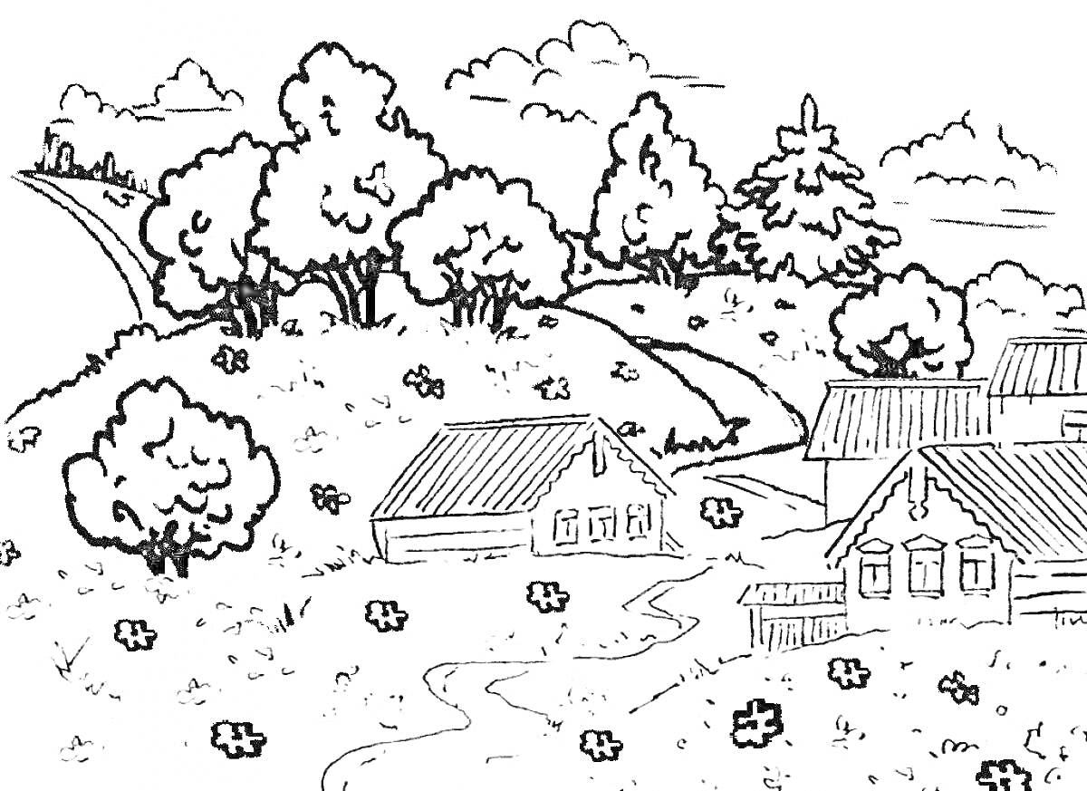 Раскраска Деревенский пейзаж с домами, деревьями и полем