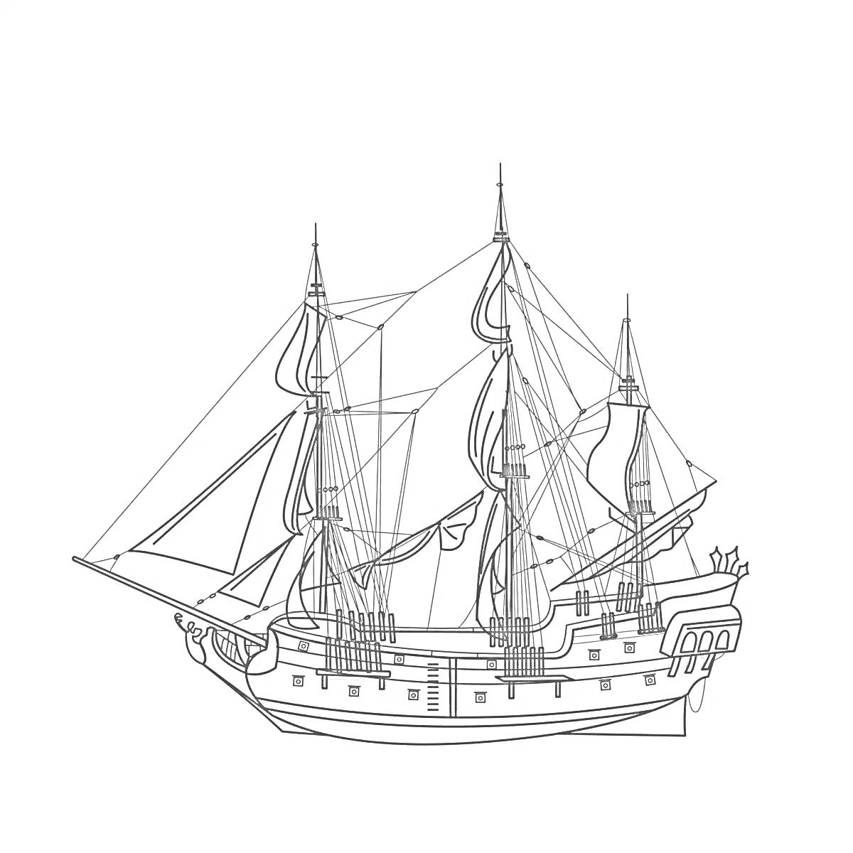 На раскраске изображено: Парусный корабль, Паруса, Пиратский корабль