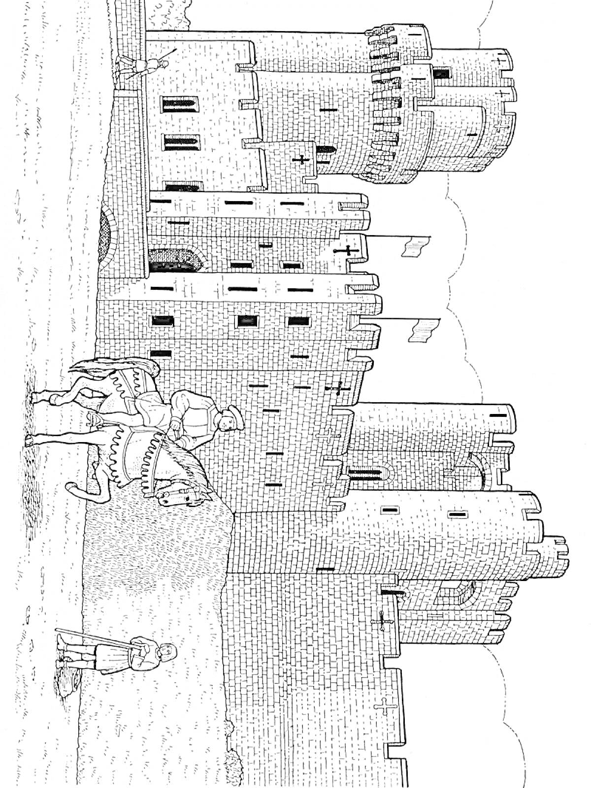 Средневековый замок с рыцарем на коне и прохожим