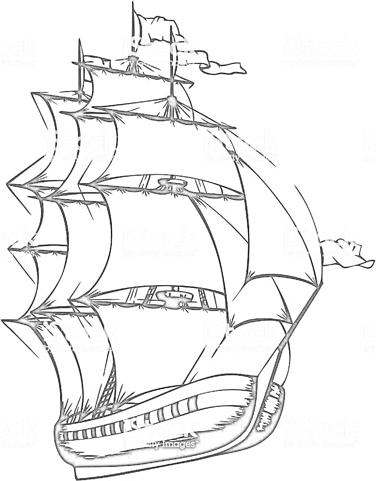 На раскраске изображено: Корабль, Паруса, Море