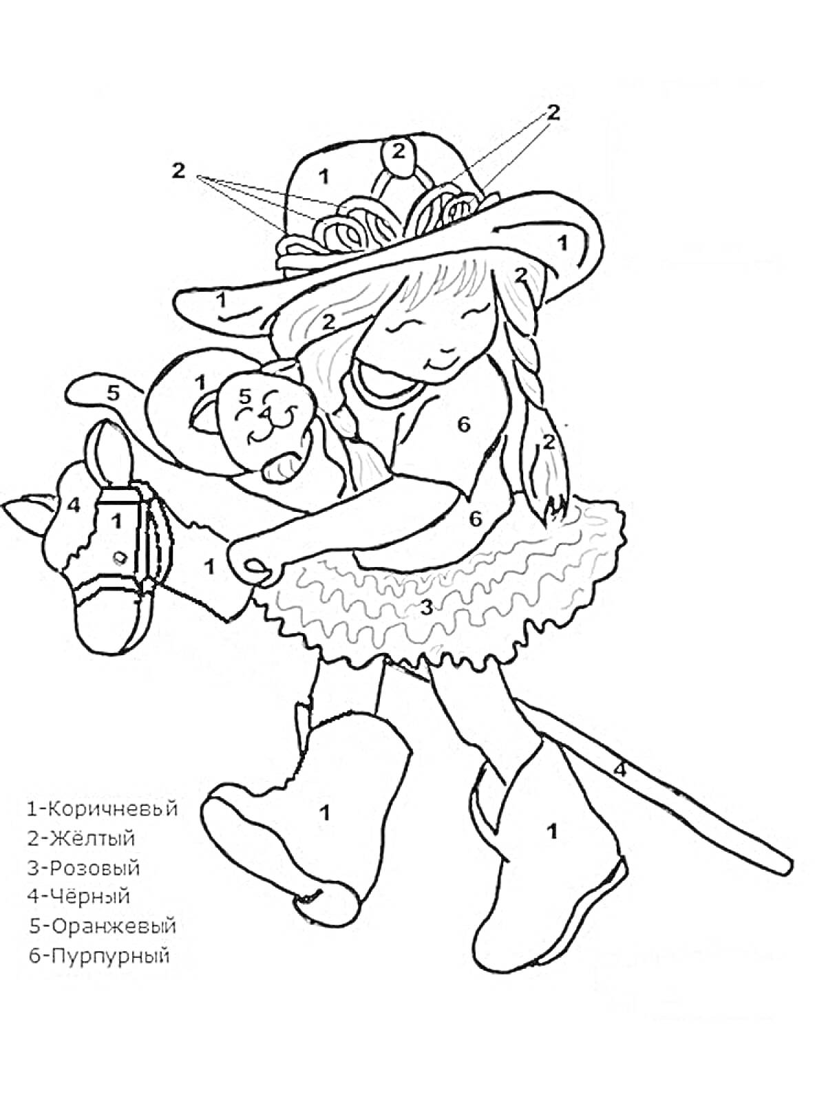На раскраске изображено: Цвет по цифрам, Девочка, Кукла, Шляпа, Сапоги, Плащ, Цифры, Детское творчество, Посохи