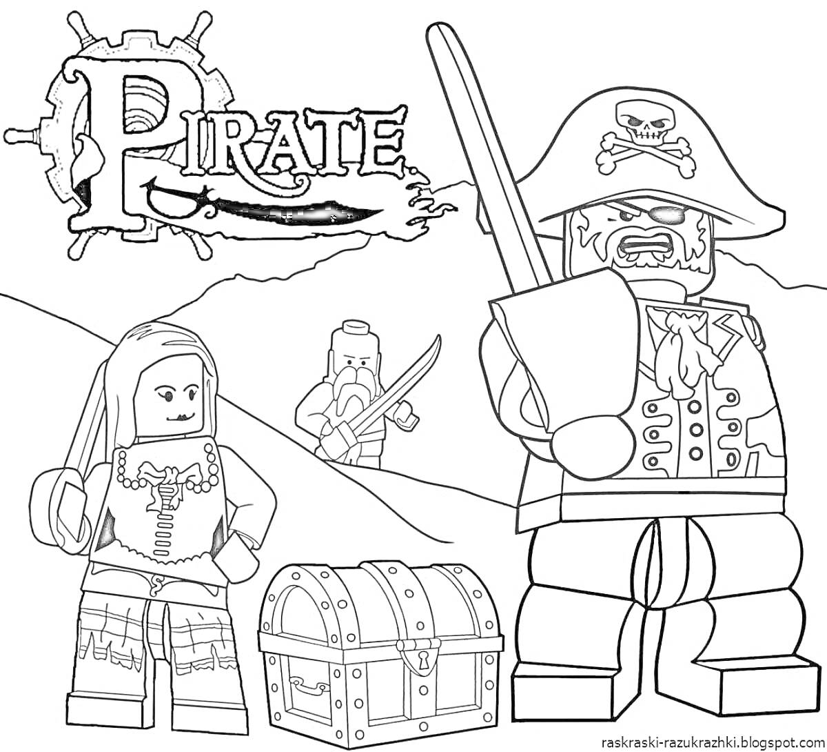 На раскраске изображено: Роблокс, Пираты, Сундук с сокровищами, Пиратка, Сабля, Приключения, Сокровища, Капитан, Корабль