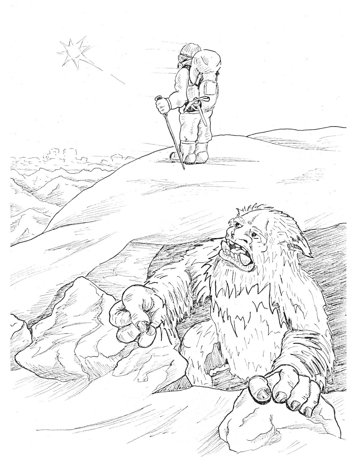 Раскраска Снежный человек, выходящий из пещеры, и лыжник на вершине горы