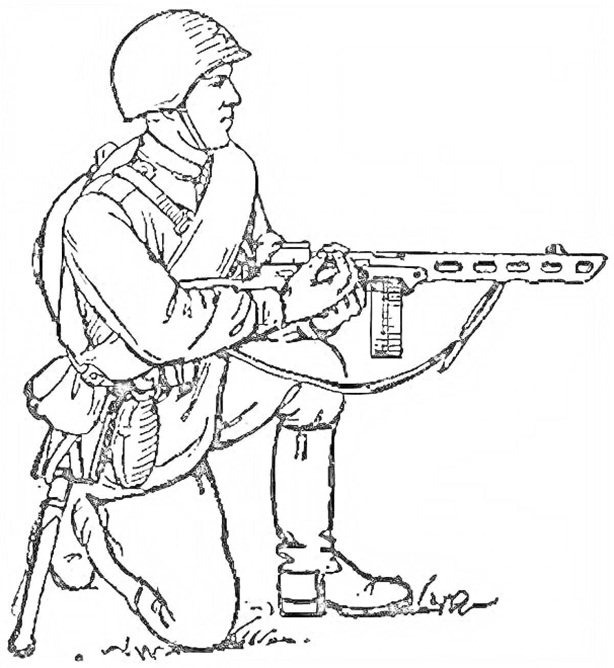 Раскраска Солдат Советской армии на колене с автоматом (ППШ-41), в каске и шинели с ремнем и подсумками