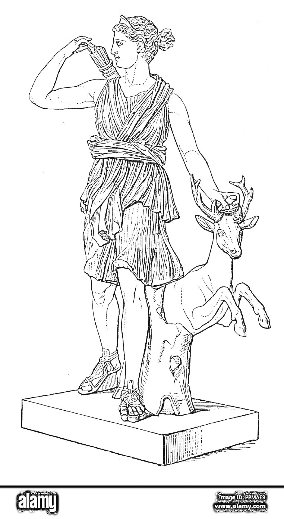 На раскраске изображено: Артемида, Богиня, Лук, Олень, Древняя Греция, Охота, Статуя, Античность, Искусство, Мифические существа