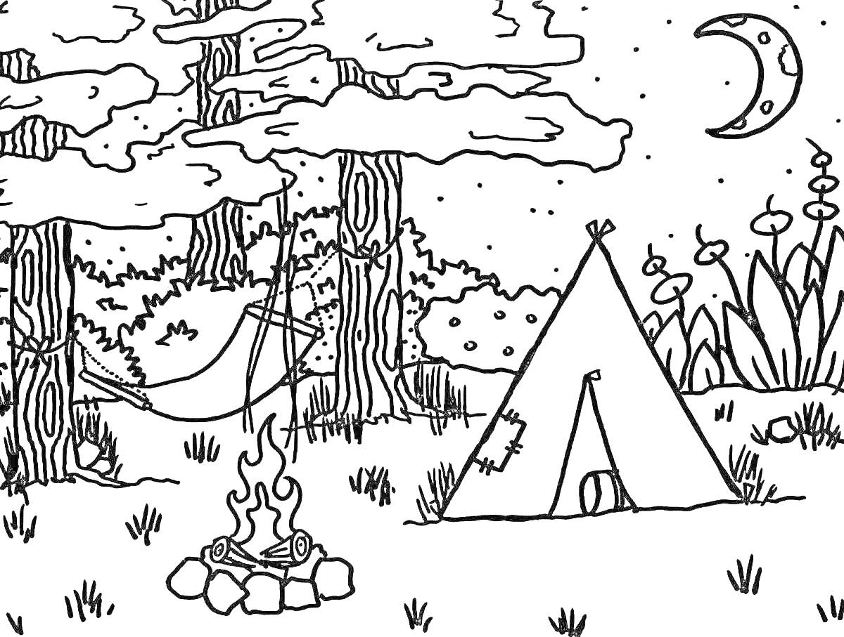 Раскраска Лесной лагерь с палаткой, костром, гамаком, деревьями и луной